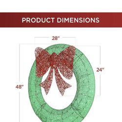 😀 48in Pre-Lit Outdoor Christmas Wreath Decoration, LED Metal Holiday Decor for Home w/ 140 Lights, Bow - Green/Red