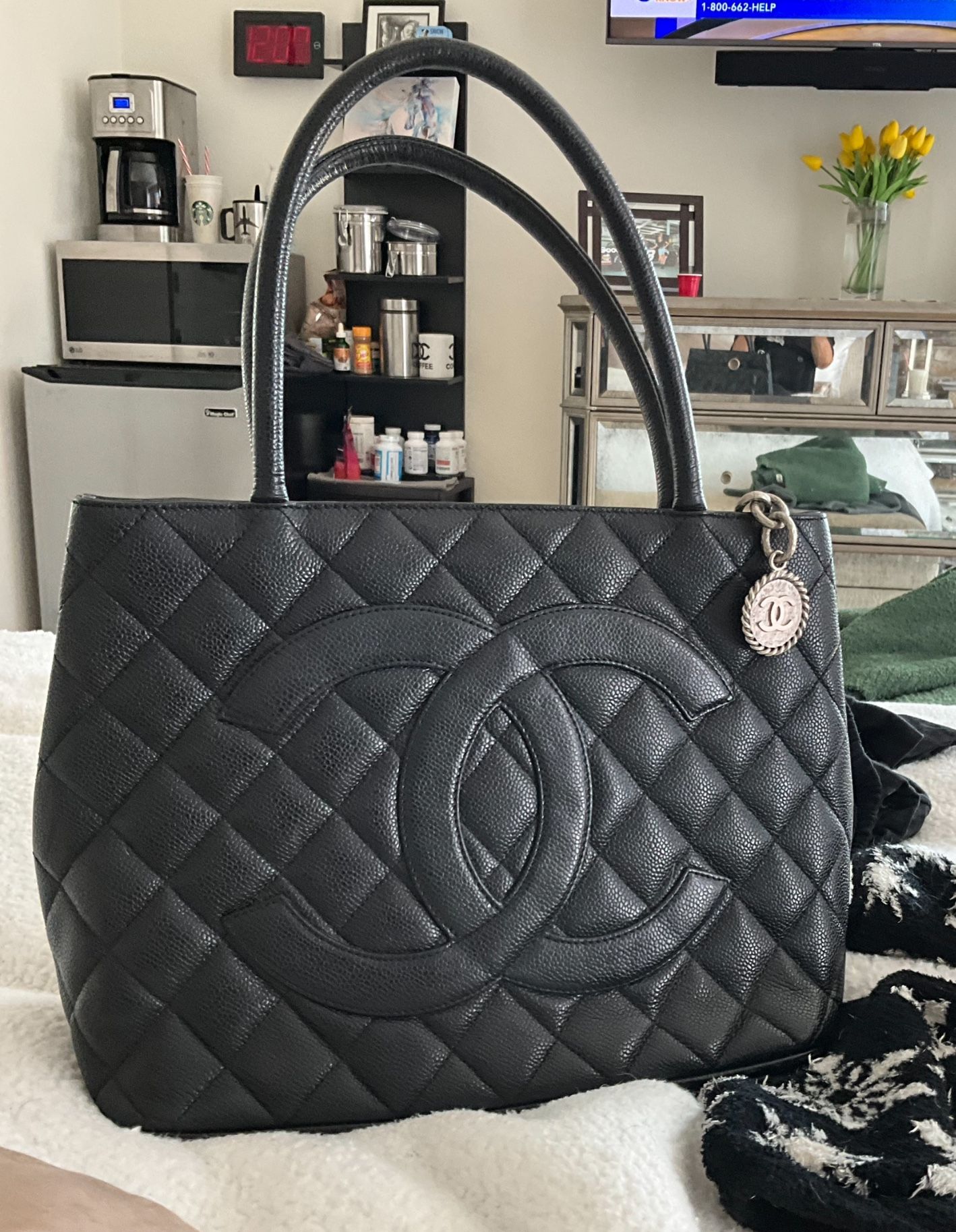 Authentic Chanel Vintage Medallion Grained Black Purse With Silver Accents