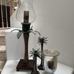 Palm tree hurricane candle holders and 2 candlesticks
