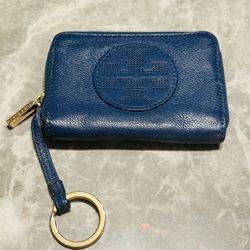 Tory Burch Mini Card Holder Key Chain Wallet Blue Pebbled Leather
