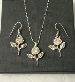 925 Silver Stem Rose Earrings & Pendant with Sparkle Twist Necklace 