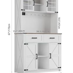 🥨Farmhosue Bar Cabinet with LED Lights & Power Outlets, Large Kitchen Buffet with Hutch & 2 Large Drawers, Barn Door Design, 8 Storage Shelves