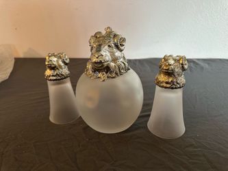 vintage Mid-Century Modern silver-plated ram's head decanter set,