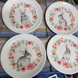8" Floral Rabbits Ceramic Plates - Set Of 4