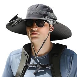  Hat with Fans Solar Power,Outdoor Wide Brim Sun Hat with 2 Solar Fan for Outdoor Fishing, Hiking Gardening,USB Solar Charging