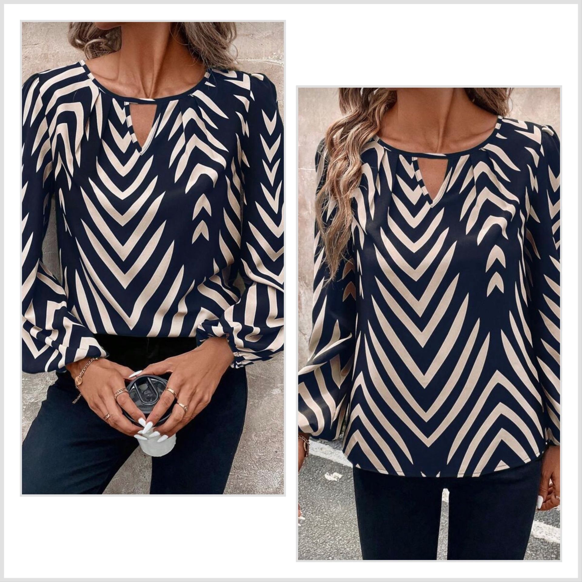 Women’s Medium Navy Blue & White Zig Zag Patterned Blouse
