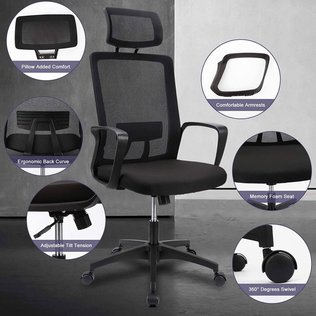 Komene Mesh Ergonomic Office Chair, High Back Desk Chair Swivel Computer Chair with Lumber Support Adjustable Height and Soft Foam Seat Cushion Task C