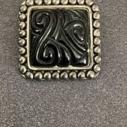 Silver Tone & Black Square Brooch