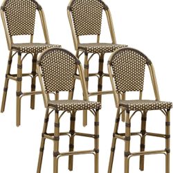 PURPLE LEAF French Bar Stool Set of 4 Bamboo Print Finish Patio Bar Stools with Back Rattan Chairs Wicker Bar Height Stool 30" with Footrest