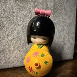Adorable Yellow Kokeshi with Parasol and Pink Bow - Approx 4.5” tall 