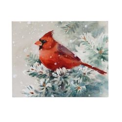 New Light Up Canvas Art Red Bird On Snowy Branch Christmas or Year Around 