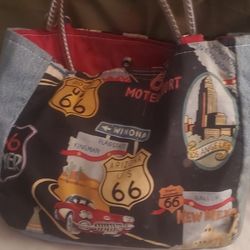 DENIM AND CANVAS ROUTE 66 SOUVENIR SHOULDER TOTE BAG. 