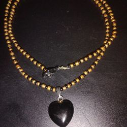 Black ONYX Heart Pendant & Gold colored/ Black Glass Beaded  Necklace: 4 a WOMAN OR GIRL