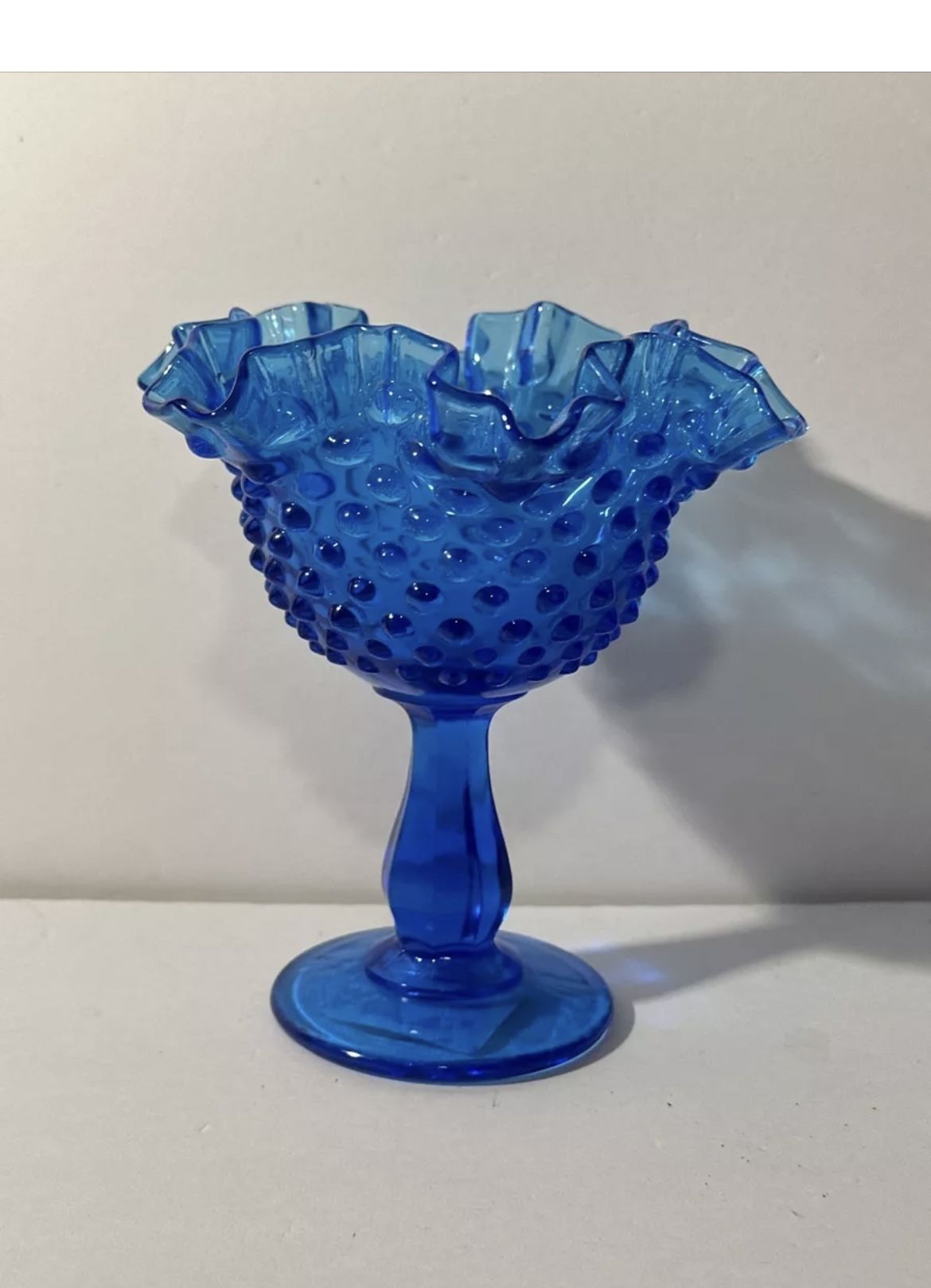 Vintage Fenton Glass 6" Blue Hobnail Ruffled Compote Candy Dish