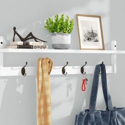 Wall Hooks with Shelf | Entryway Hanging Wood Coat Hooks | Wall-Mounted Rack with 5 Dual Hooks