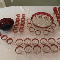 Vintage Ruby Red Diamond Point Mid Century Punch Bowl Party Set