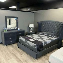 Grey Velvet Queen 4 Piece Bedroom Set 🔥buy Now Pay Later 