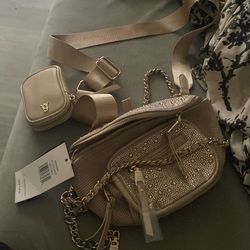 Steve Madden Bmaxima Rhinestone Belt Bag (Tan/Gold Chain)