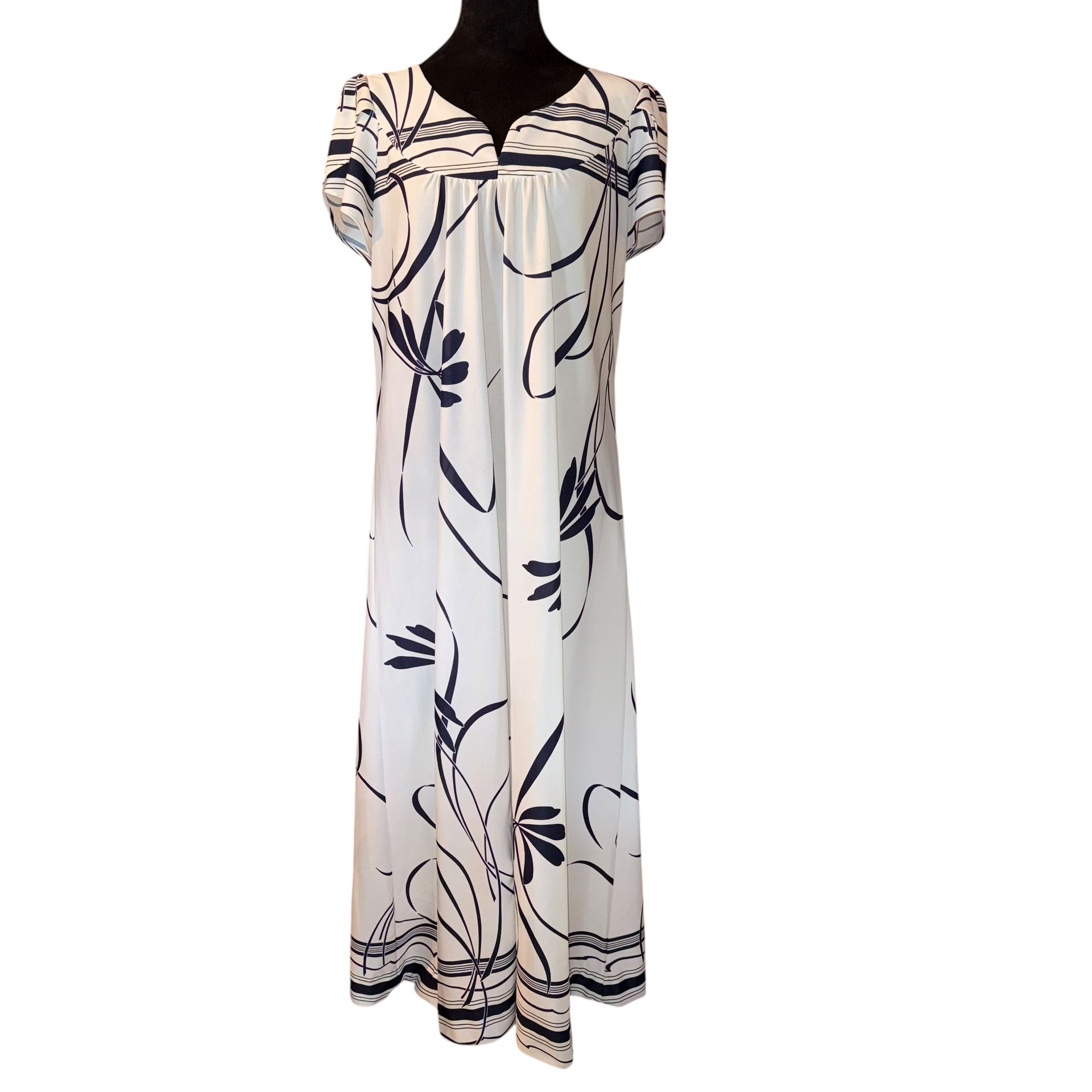 Vtg Tropicana Hawaii Mumu Maxi Dress Gown Navy Blue & White Back Zipper Read The product is a vintage Tropicana Hawaii Mumu Maxi Dress Gown in navy b