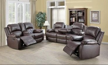 Brown Leather Fully Reclining Three Piece Couch Set