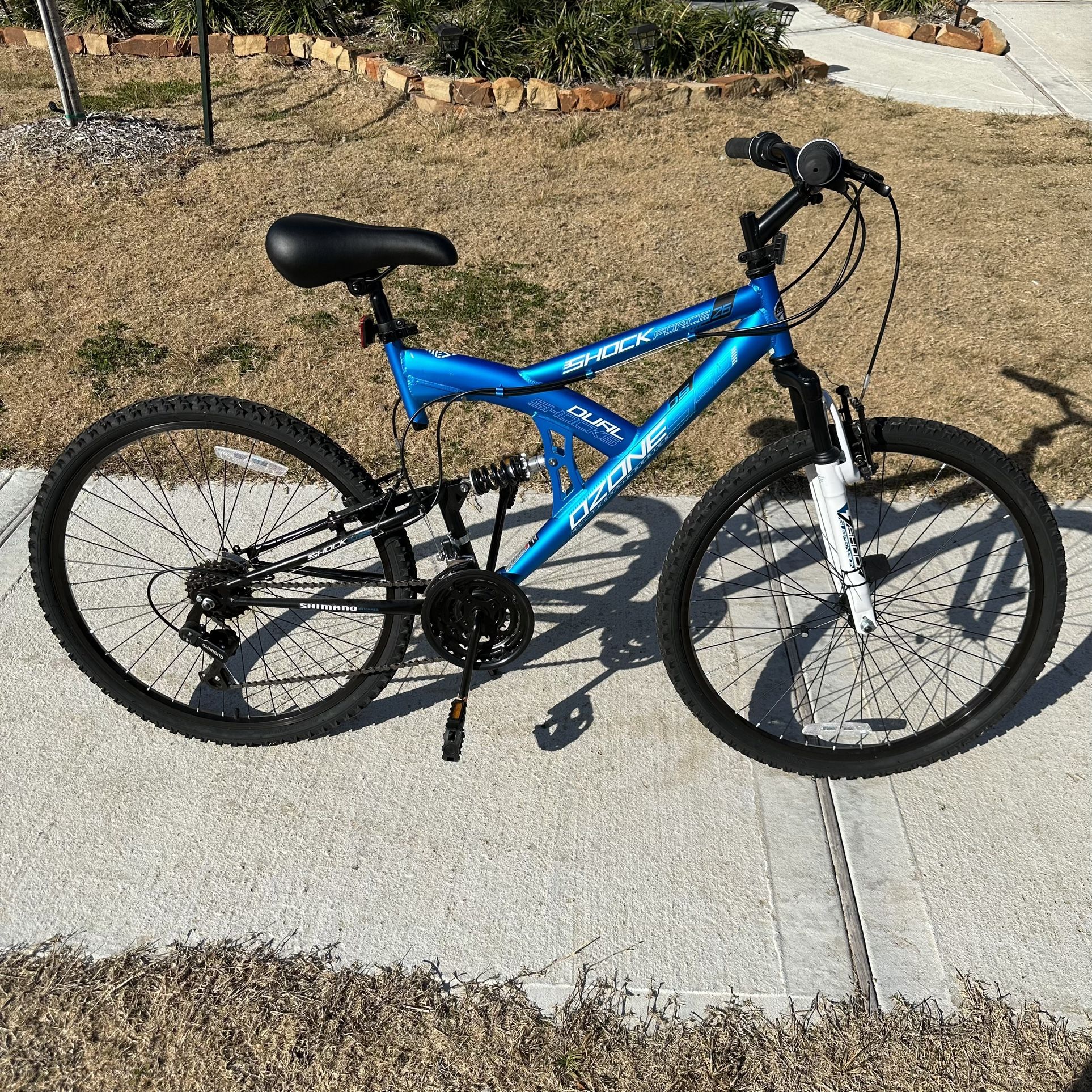 ozone 500 blue and white all terrain series dual shock bicycle