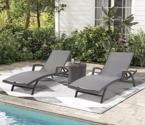 2-Piece Aluminum Outdoor Chaise Lounge with Teak Armrests