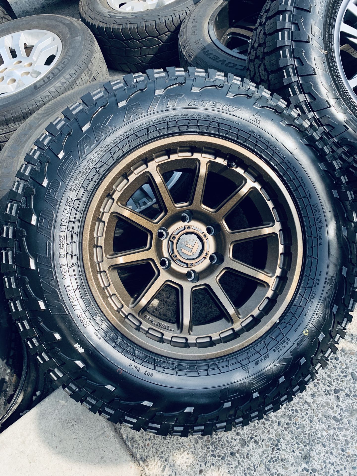 17” dark bronze fuel rims and tires for 6 lug Chevy gmc Toyota 2657017
