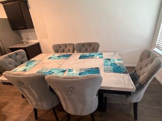 Marble Top Dining Table with 6 Velvet Chairs