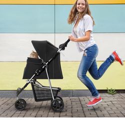 Foldable Pet Stroller with Weather Cover, 3 Wheels Pet Strolling Cart for Small/Medium Dogs and Cats with Storage Basket and Cup Holder, Breathable an