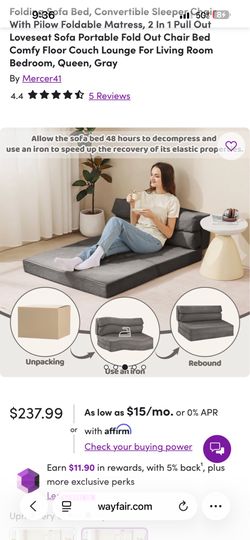 Folding Sofa Bed, Convertible Sleeper Chair With Pilow Foldable Matress, 2 In 1 Pull Out Loveseat Sofa Portable Fold Out Chair Bed Comfy Floor Couch L