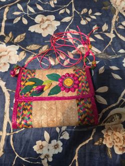 Woven Straw Crossbody Bag Floral Detail