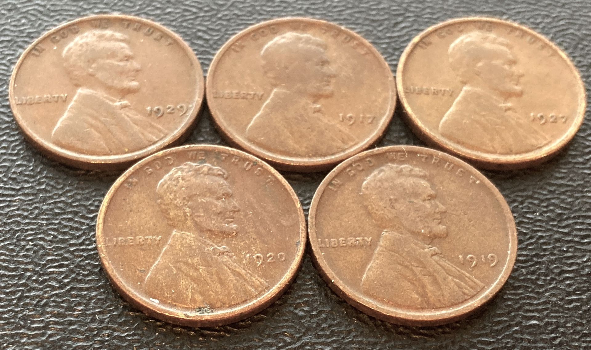 Five (5) Antique 1917 Through 1920s Wheat Cents US Coins 100+ Year Old Pennies Penny
