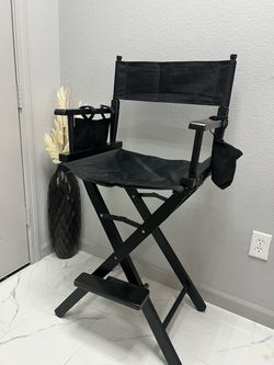 BLACK WOODEN MAKE UP CHAIR WITH POUCH HOLDERS (GREAT CONDITION) - $100