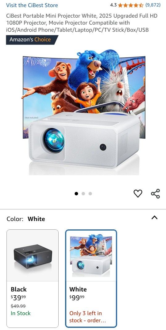 CiBest Portable Mini Projector White, 2025 Upgraded Full HD 1080P Projector, Movie Projector Compatible with iOS/Android Phone/Tablet/Laptop/PC/TV Sti