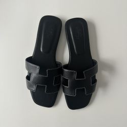 Hermes Oran Sandal Black Calfskin White Top Stitch Flat Shoes Size 39