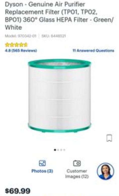 Dyson 360° Glass Hepa Air Purifier Replacement Filter for TP01, TP02 & BP01