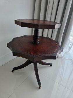 Vintage Two-Tier Wood Side Table on Casters