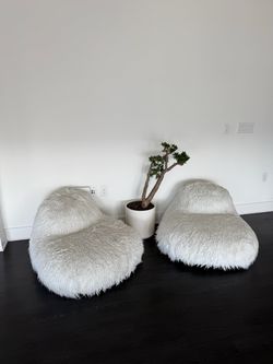 Pair of White Faux Fur Bean Bag Chairs