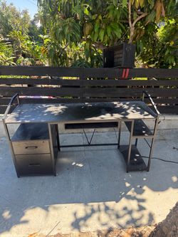 Black Metal Desk with Drawers and Shelves