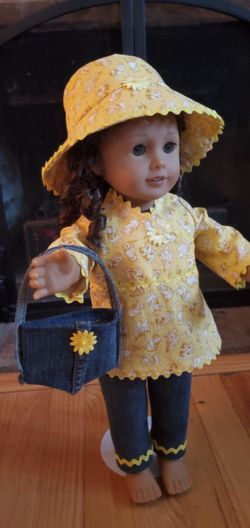 Hand-sewn Ensemble Made For 18" Doll Or American Girl Doll, Blue Jeans, Top, Purse &Hat