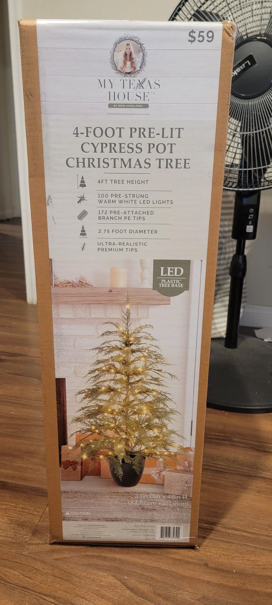 My Texas House Potted 4' Pre-Lit Cypress Artificial Christmas Tree, 100 LED NEW