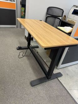 Height Adjustable Computer Desk Electric, 48 x 24 Inches, Black Frame Teak Tabletop