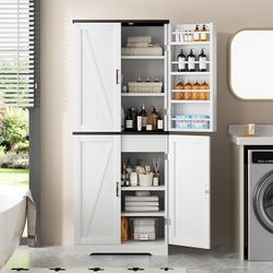 Kitchen Pantry Cabinet, Farmhouse Tall Cupboard Storage, White Freestanding, with 8 Door Shelves, 2 Cabinets and 1 Drawer, for Kitchen, Living Room, D