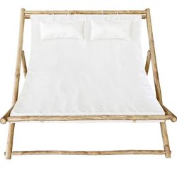 Statra Rattan Bamboo Folding Sling Chairs for 2 People Patio Camping Relax Garden Pool Beach Lounge