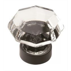 Our price: $5.00 EACH + Sales tax. {NINE} Traditional 1 5/16” L geometric knobs. Finish: crystal with black bronze base. Overall: 1.31” L x 1.31” W. P