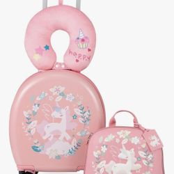 BABY JOY Kids Luggage Set, 4 Pieces 14" Hardshell Carry On Suitcase with Wheels, Backpack, Neck Pillow 