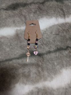 Pink heart with heart key dangle earrings