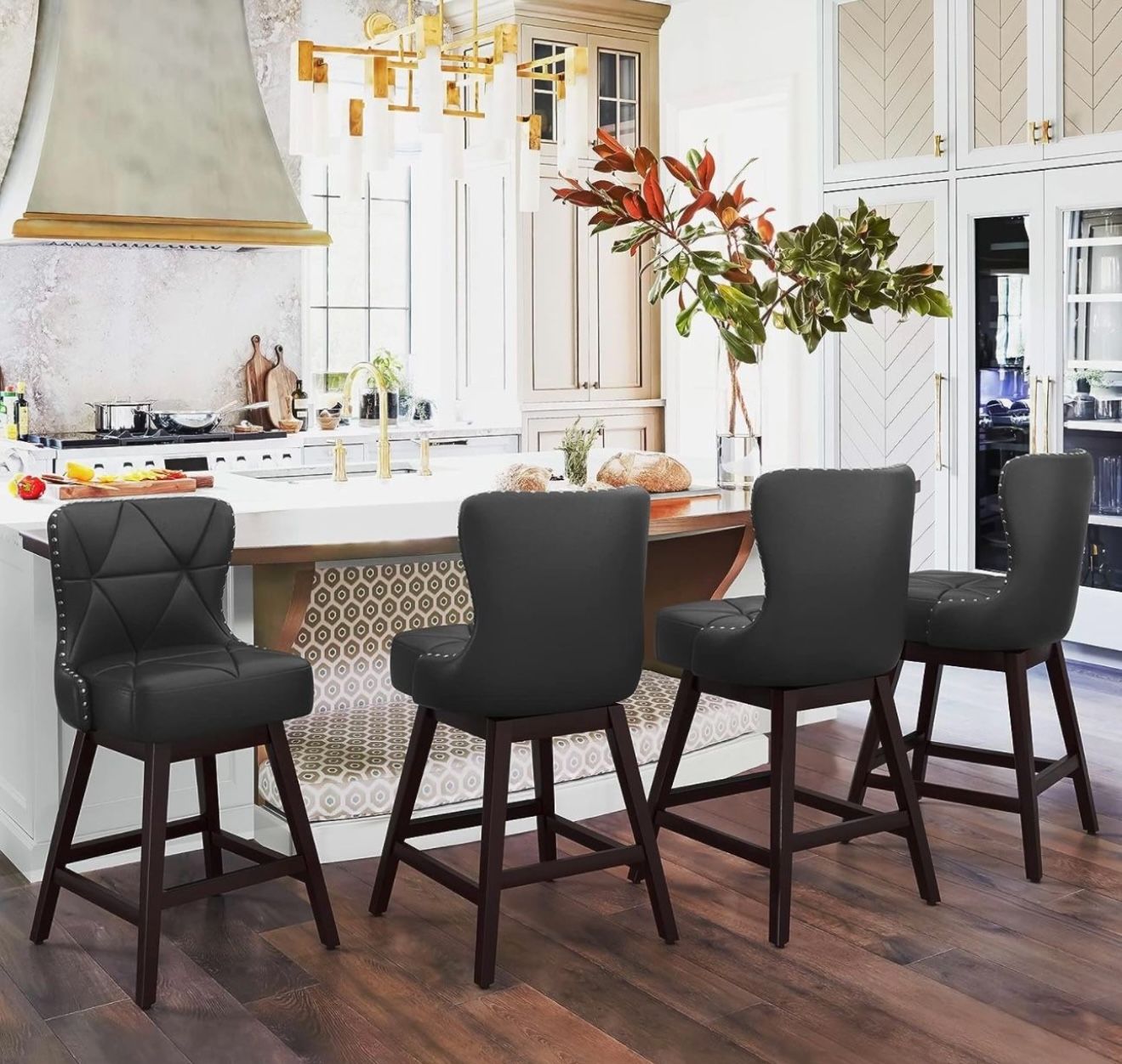 26" H Black Swivel Bar Stool with Back, Faux Leather Counter Stool