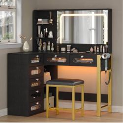 Vanity Desk with Mirror and Lights, 43" Big Modern Vanity Desk, Transparent Top Vanity with 2 RGB Drawers