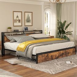 King Bed Frame with Storage Headboard, Platform Bed with Drawers and Charging Station, No Box Spring Needed, Easy Assembly, Vintage Brown